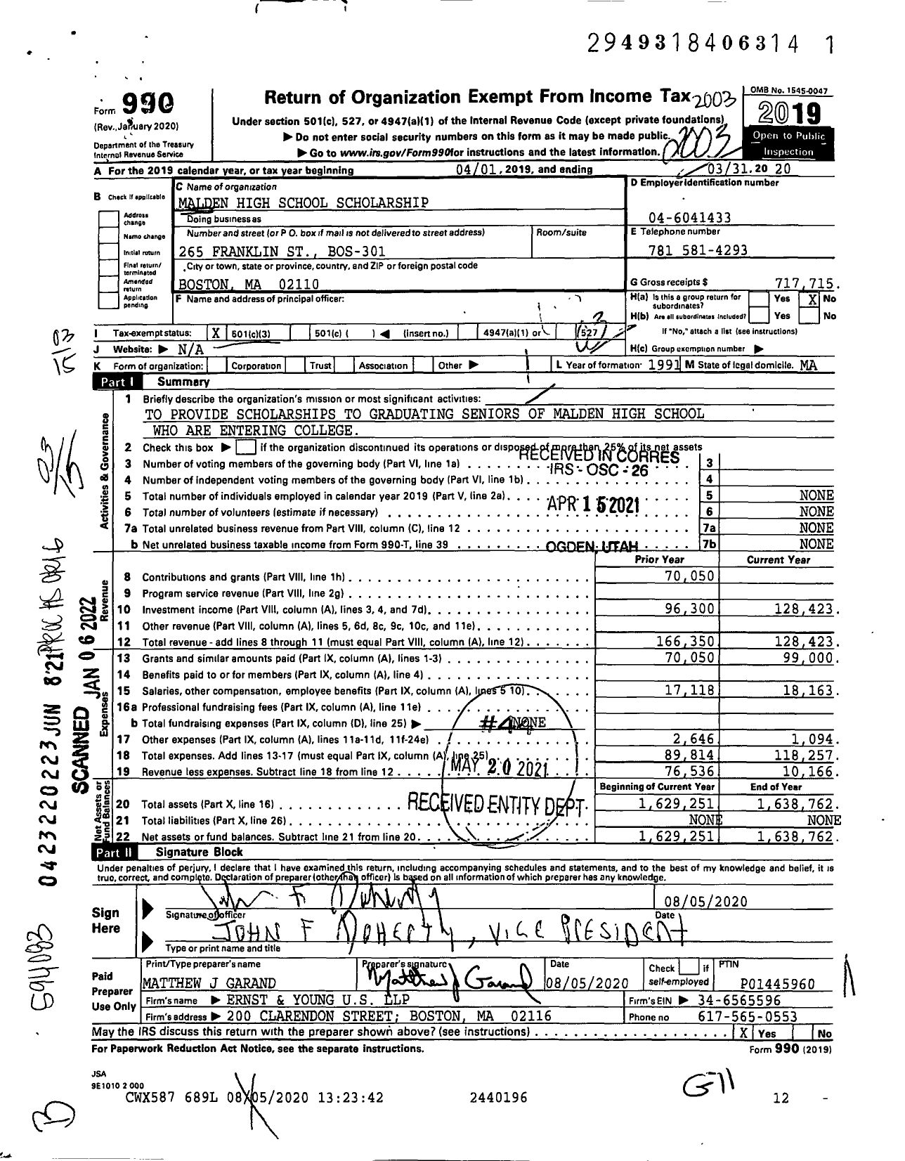 Image of first page of 2019 Form 990 for Malden High School Scholarship