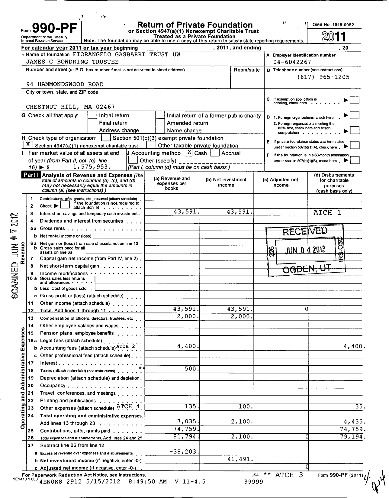 Image of first page of 2011 Form 990PF for Fiorangelo Gasbarri Trust Uw