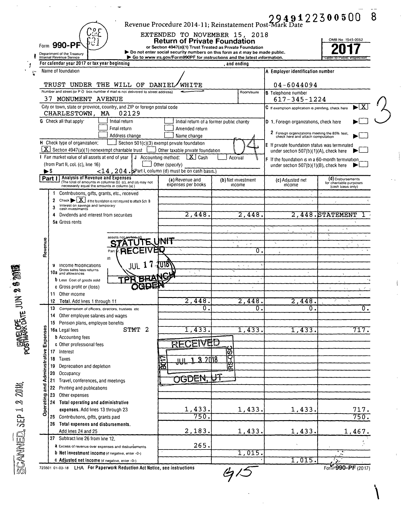 Image of first page of 2017 Form 990PF for Trust Under the Will of Daniel White