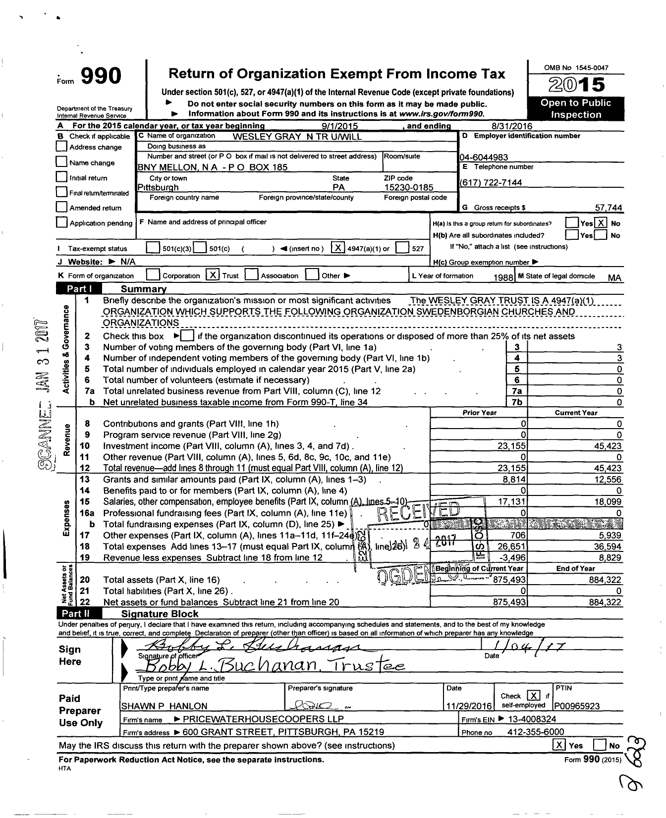 Image of first page of 2015 Form 990O for Wesley Gray N TR Uwill