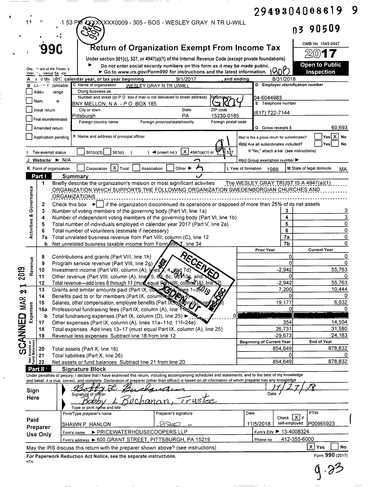 Image of first page of 2017 Form 990O for Wesley Gray N TR Uwill