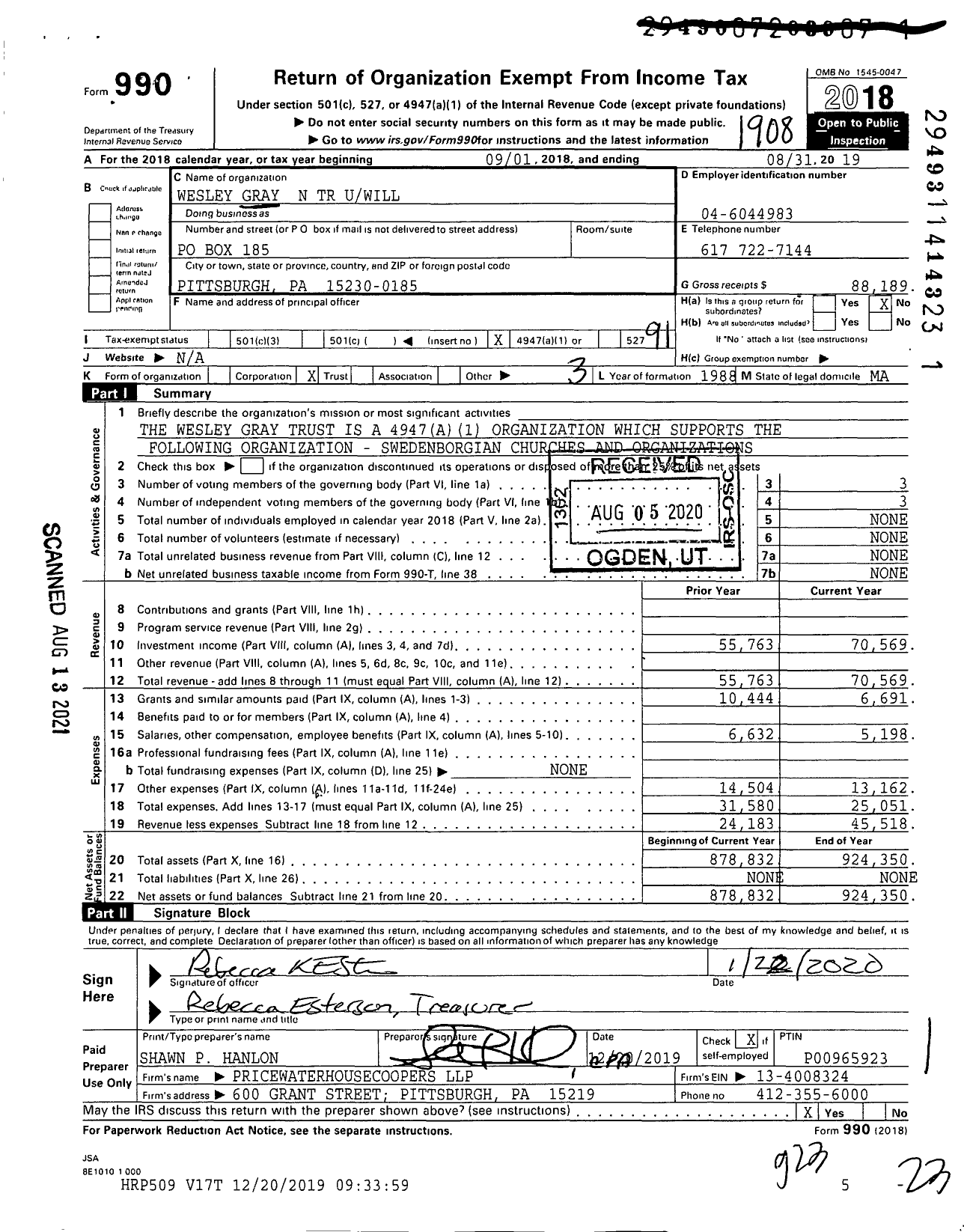 Image of first page of 2018 Form 990O for Wesley Gray N TR Uwill