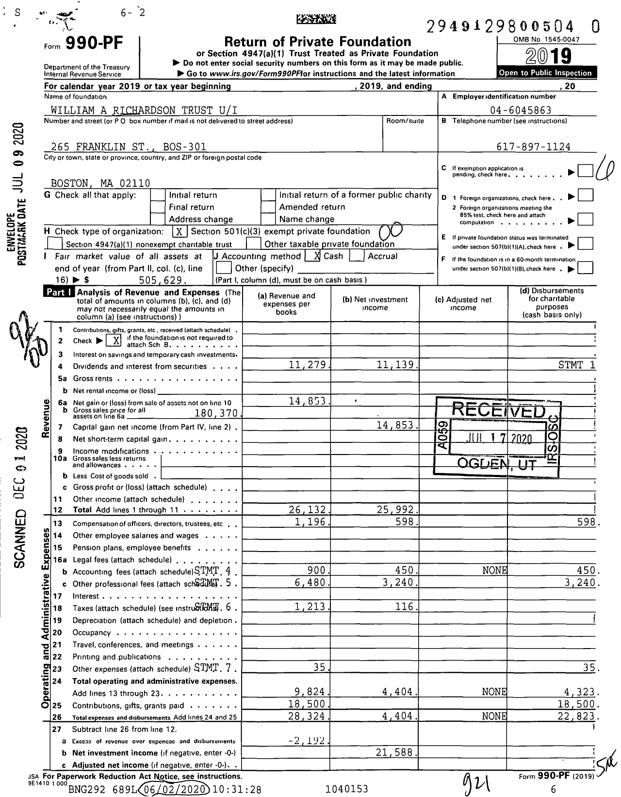 Image of first page of 2019 Form 990PF for William A Richardson Trust Ui