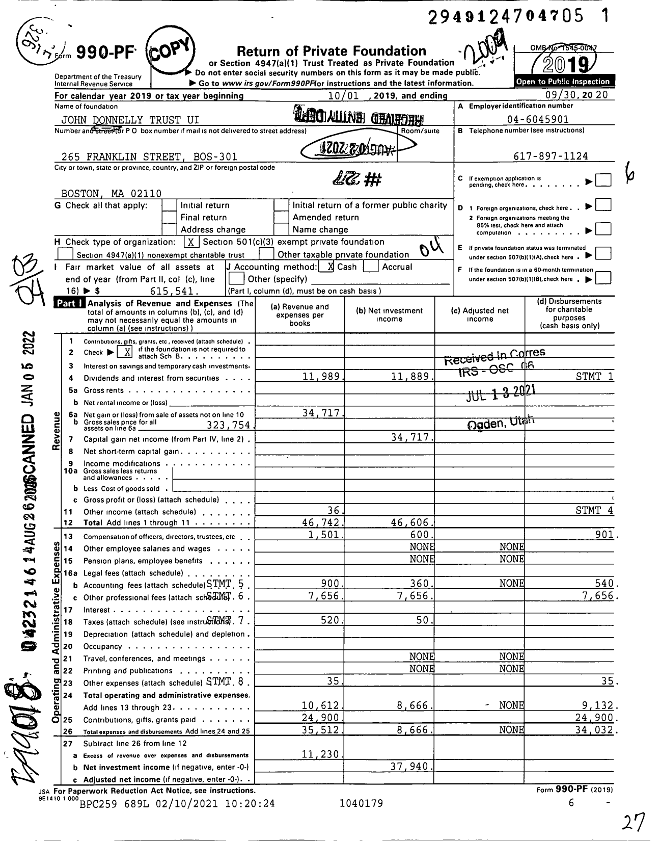 Image of first page of 2019 Form 990PF for John Donnelly Trust Ui DTD 11-08-55 Malden