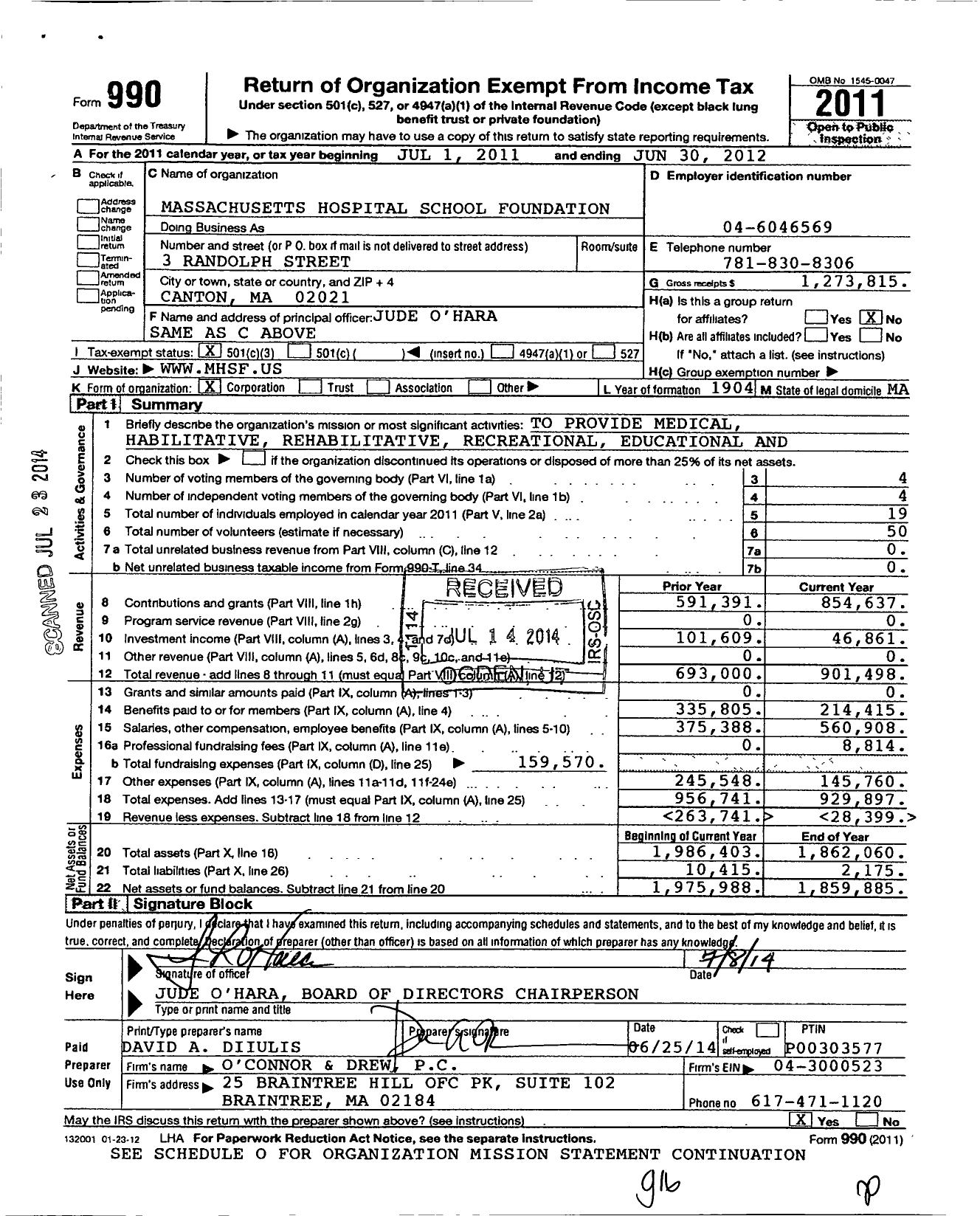 Image of first page of 2011 Form 990 for Massachuesetts Hospital School Foundation