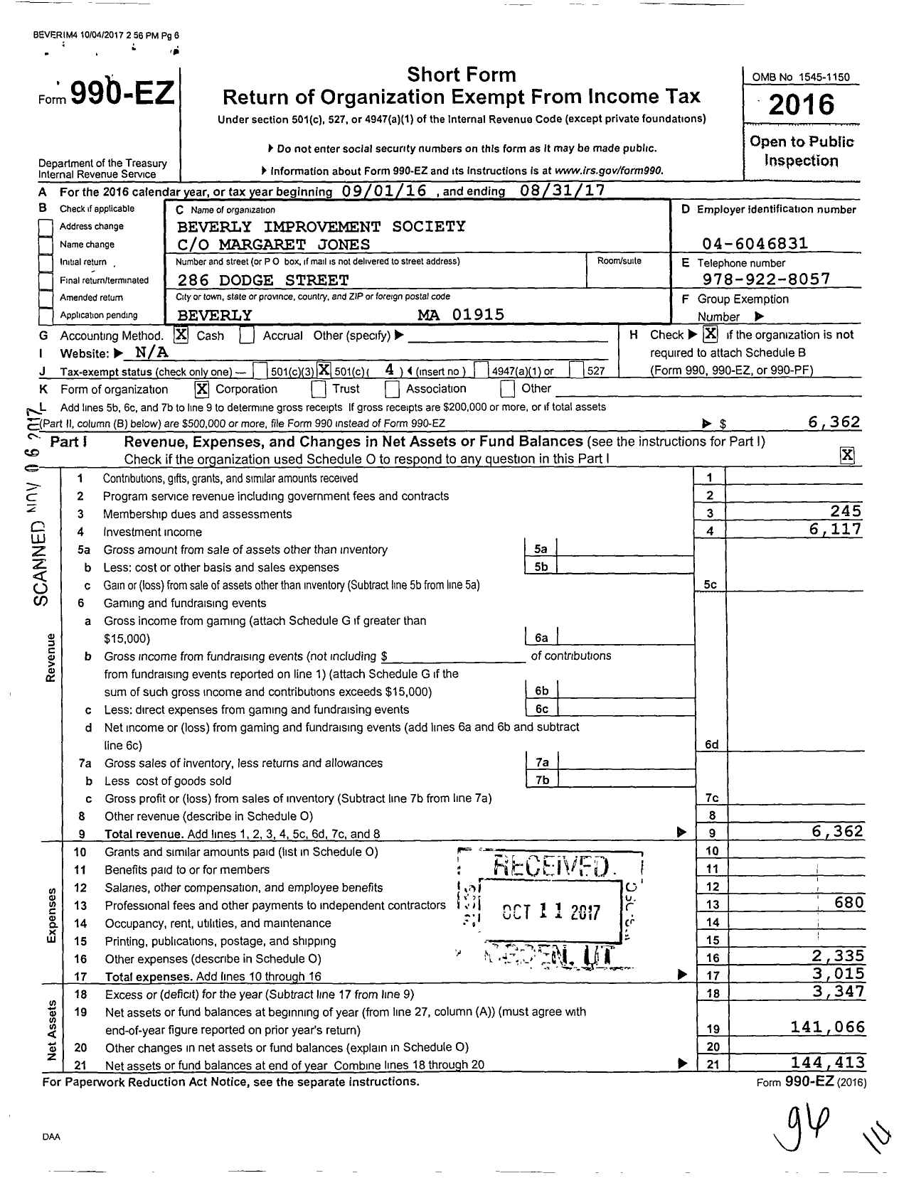 Image of first page of 2016 Form 990EO for Beverly Improvement Society