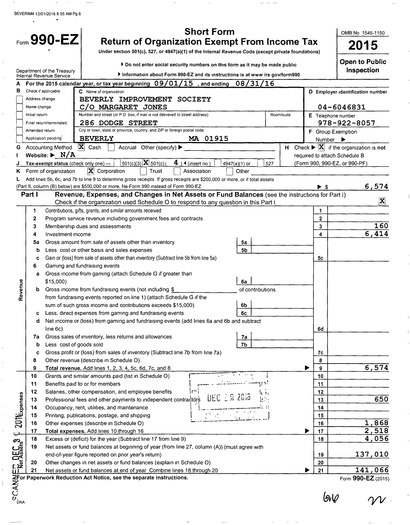 Image of first page of 2015 Form 990EO for Beverly Improvement Society