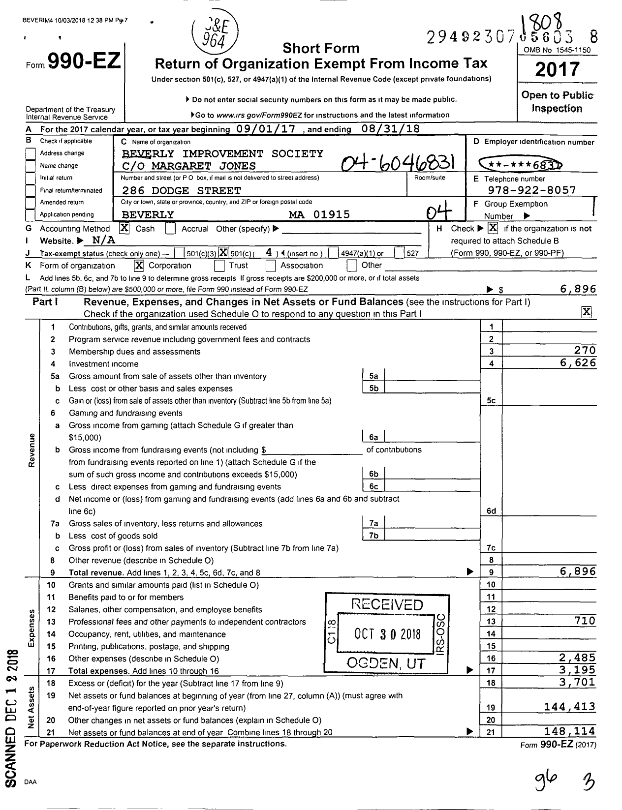 Image of first page of 2017 Form 990EO for Beverly Improvement Society