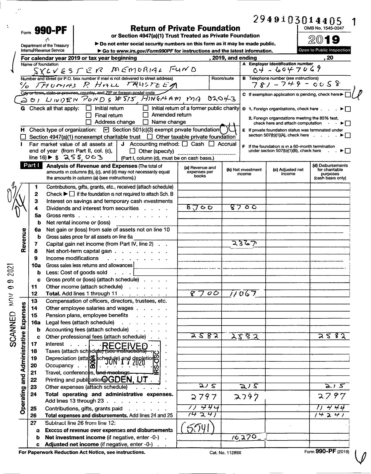 Image of first page of 2019 Form 990PF for Sylvester Memorial Fund