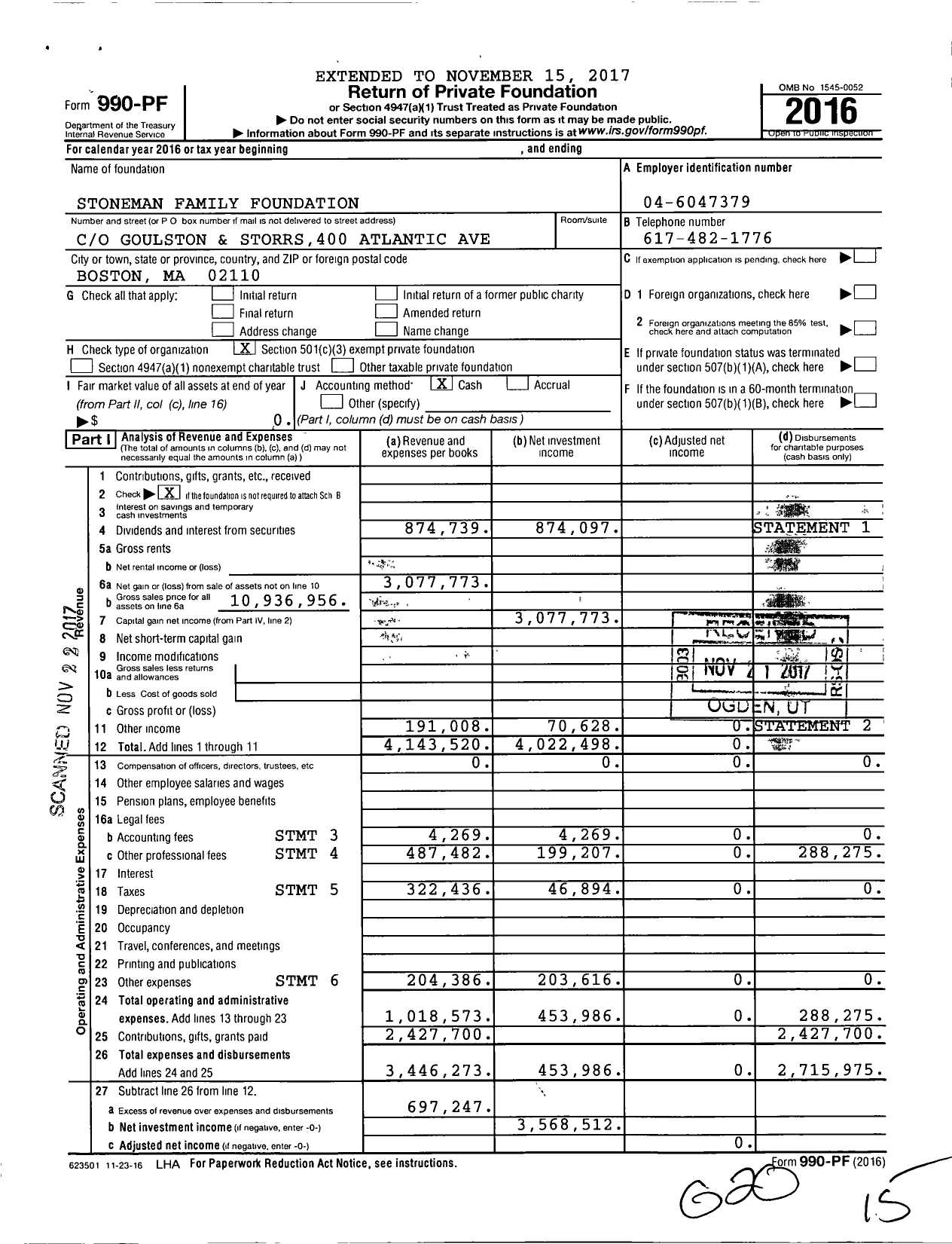 Image of first page of 2016 Form 990PF for Stoneman Family Foundation