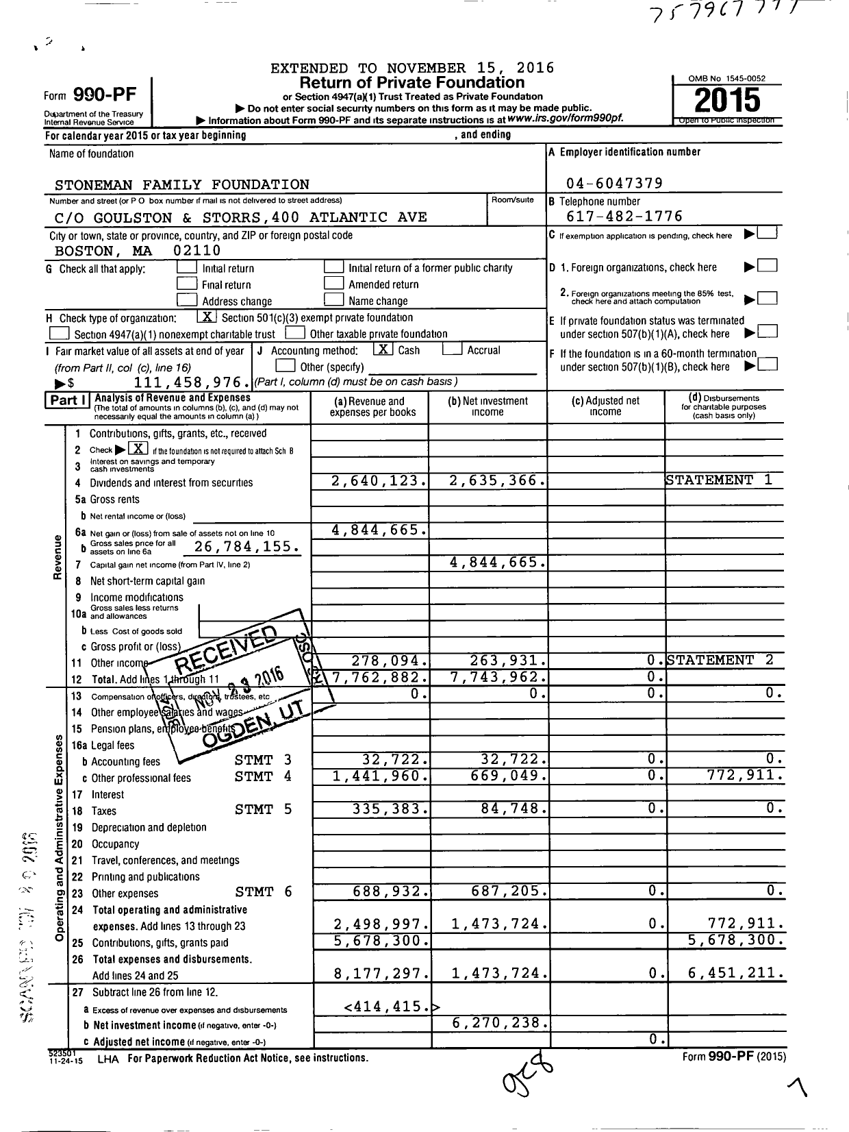Image of first page of 2015 Form 990PF for Stoneman Family Foundation
