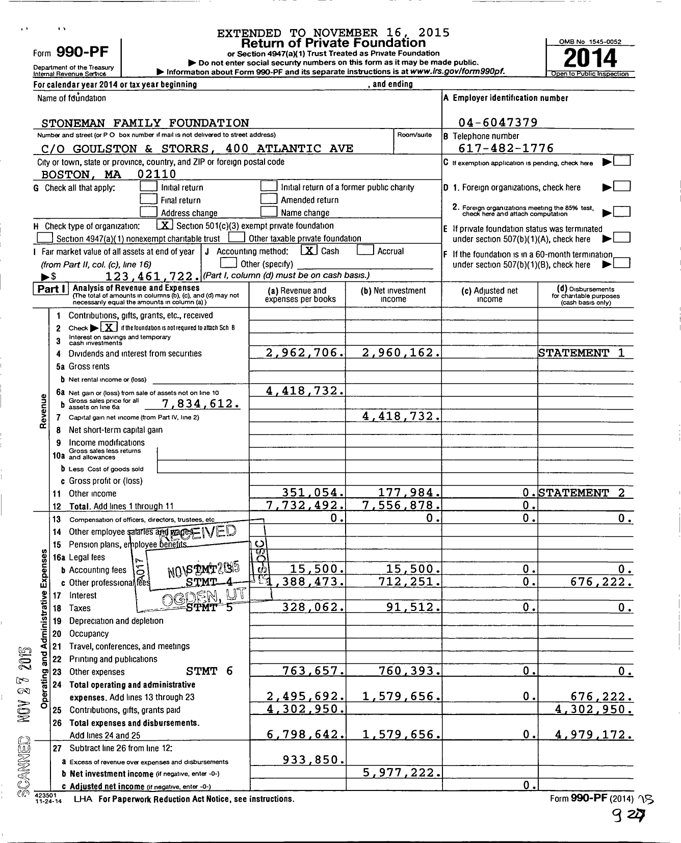 Image of first page of 2014 Form 990PF for Stoneman Family Foundation