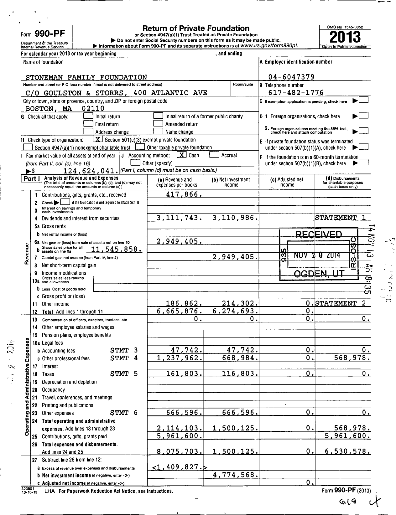 Image of first page of 2013 Form 990PF for Stoneman Family Foundation
