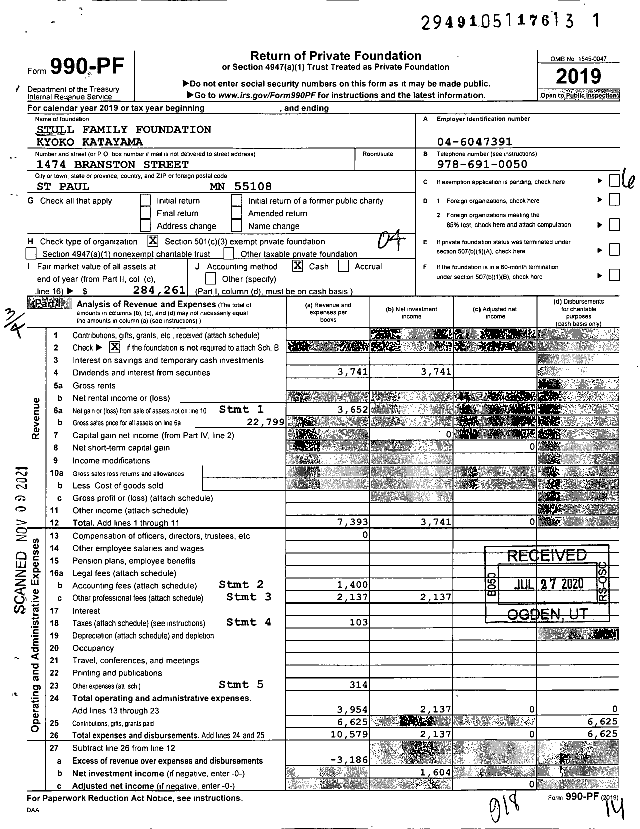 Image of first page of 2019 Form 990PF for Stull Family Foundation Kyoko Katayama