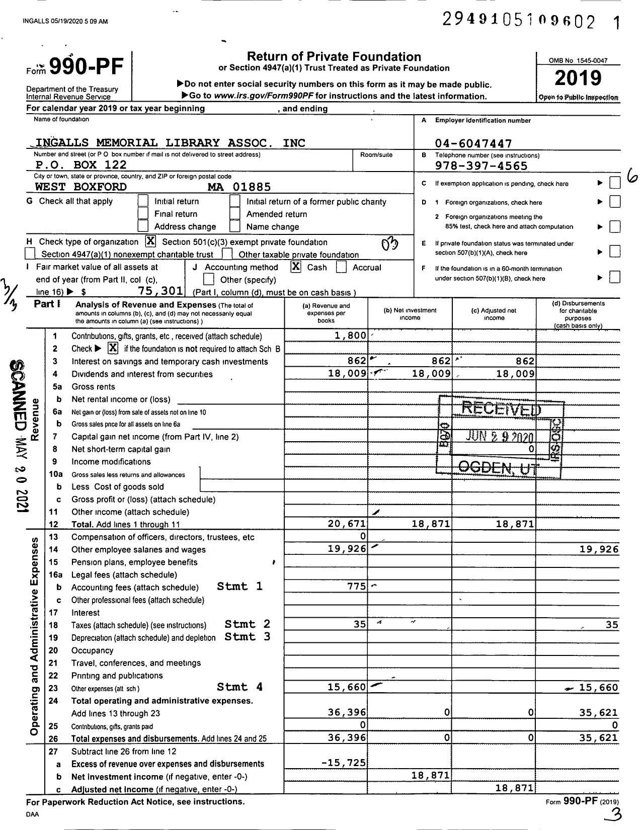 Image of first page of 2019 Form 990PF for Ingalls Memorial Library Association