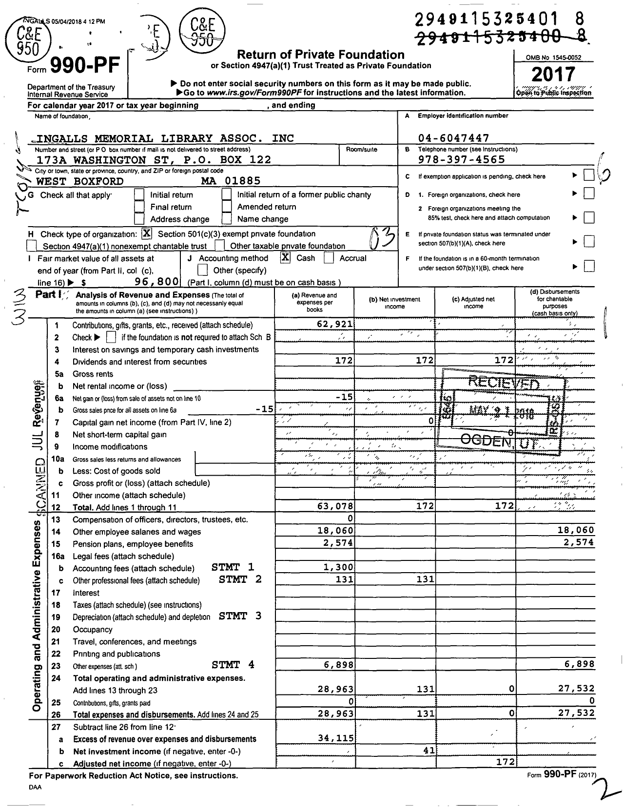 Image of first page of 2017 Form 990PF for Ingalls Memorial Library Association