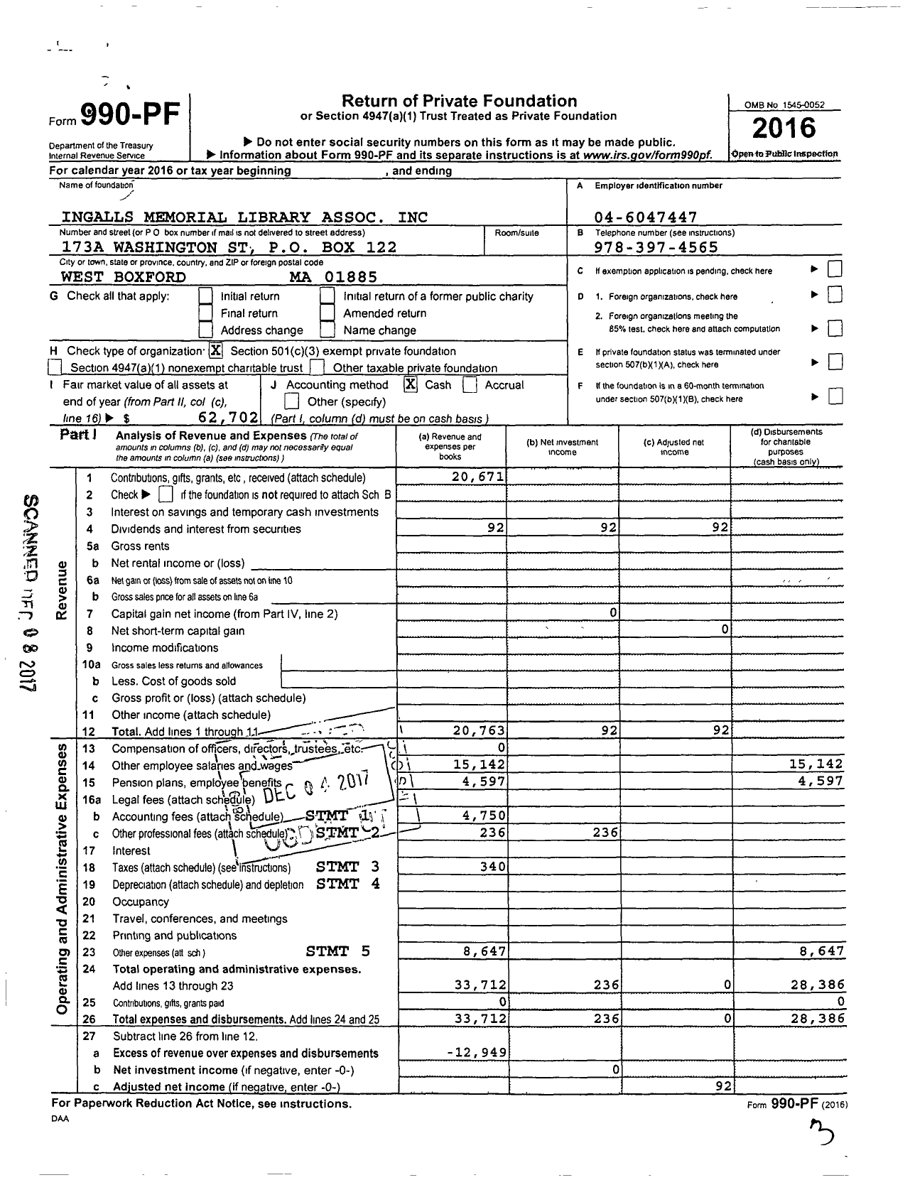 Image of first page of 2016 Form 990PF for Ingalls Memorial Library Association