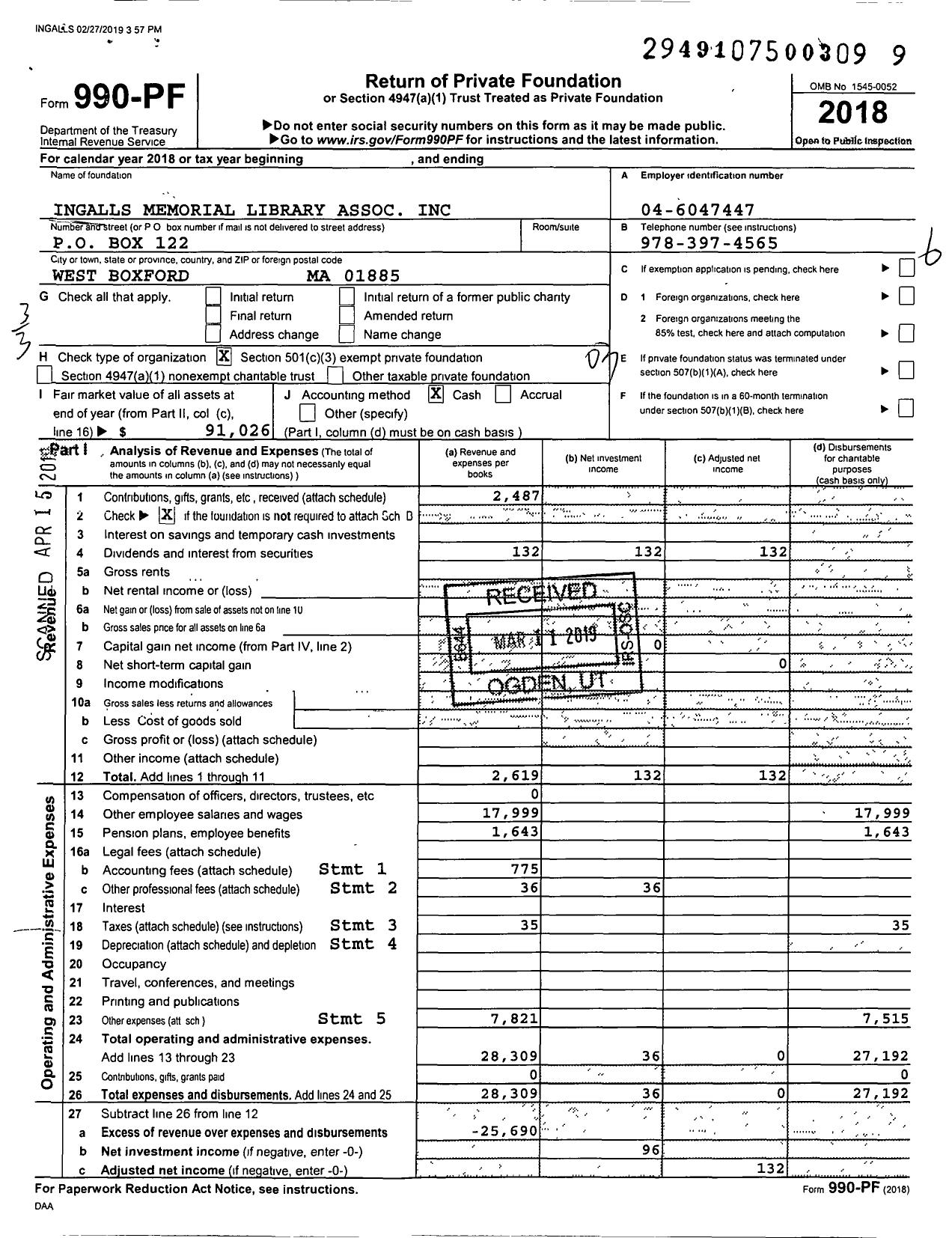 Image of first page of 2018 Form 990PF for Ingalls Memorial Library Association