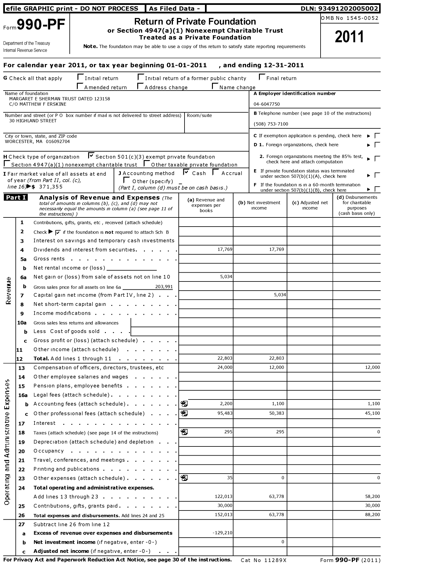 Image of first page of 2011 Form 990PF for Margaret E Sherman Trust Dated 123158