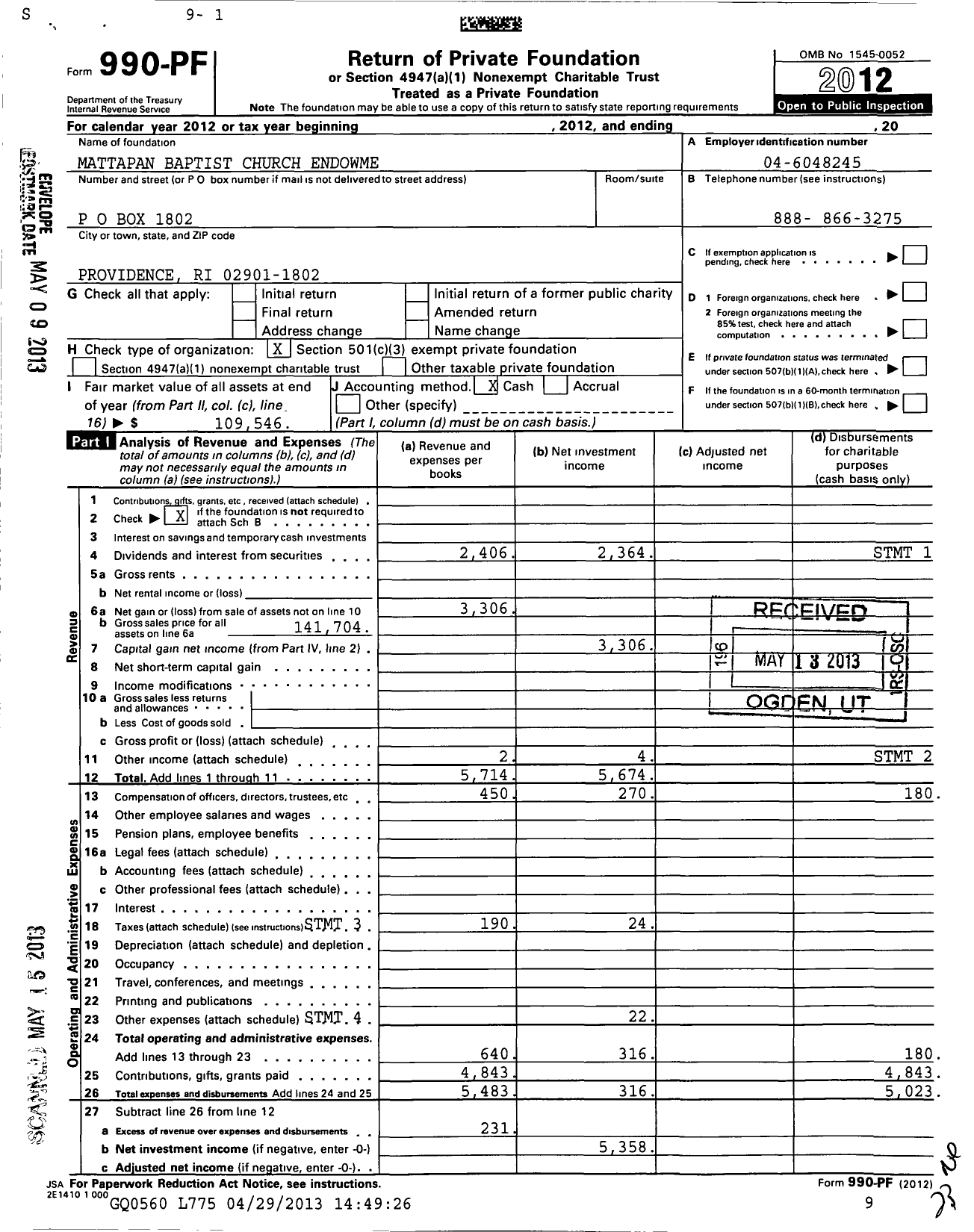 Image of first page of 2012 Form 990PF for Mattapan Baptist Church - 3492