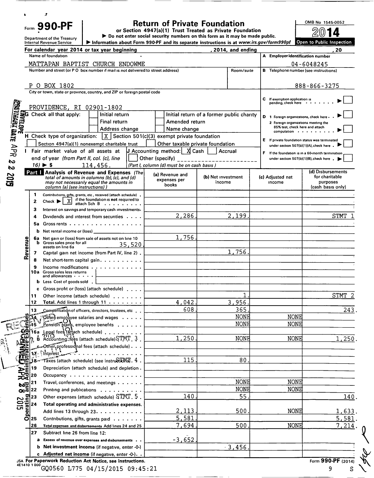 Image of first page of 2014 Form 990PF for Mattapan Baptist Church - 3492