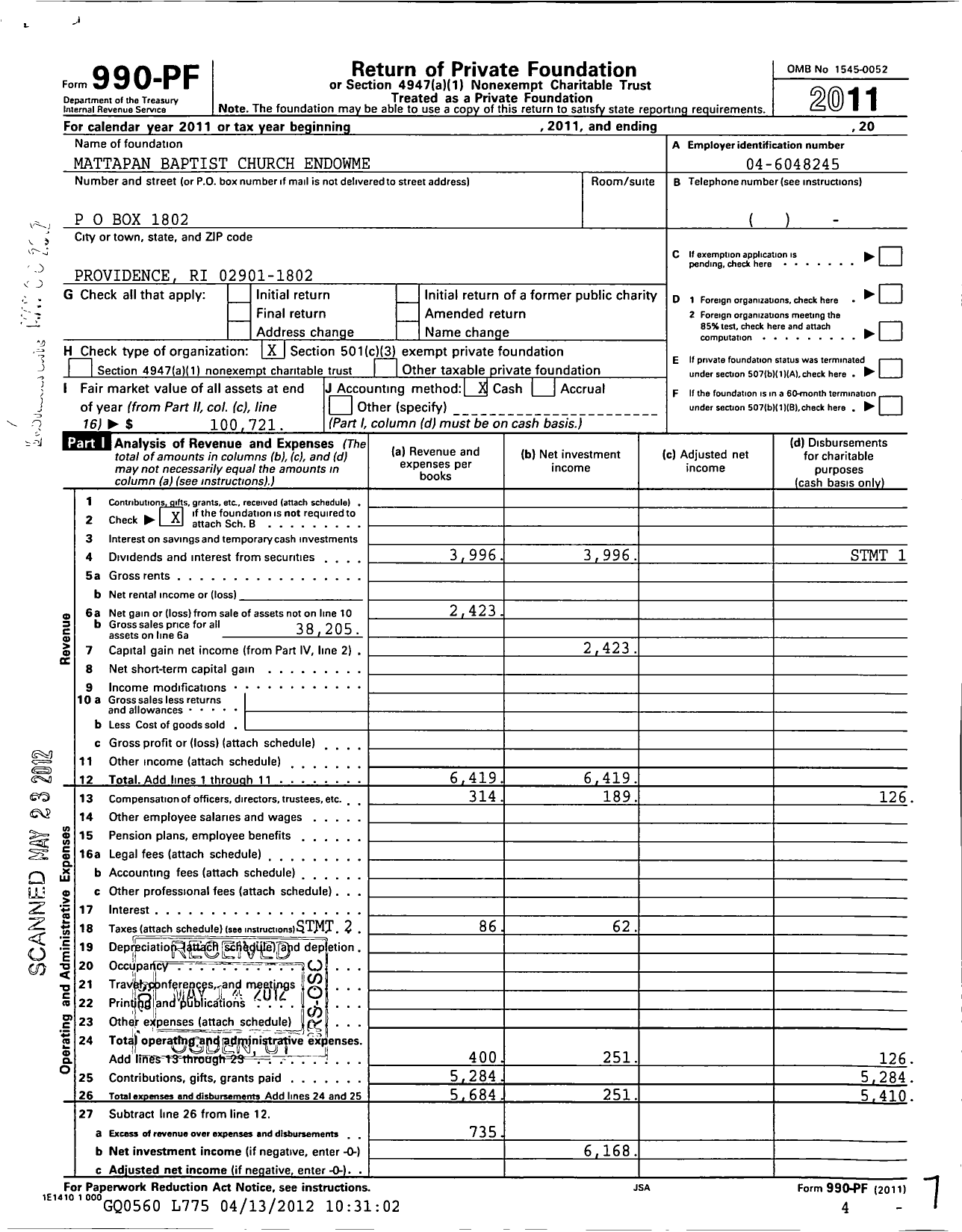 Image of first page of 2011 Form 990PF for Mattapan Baptist Church - 3492