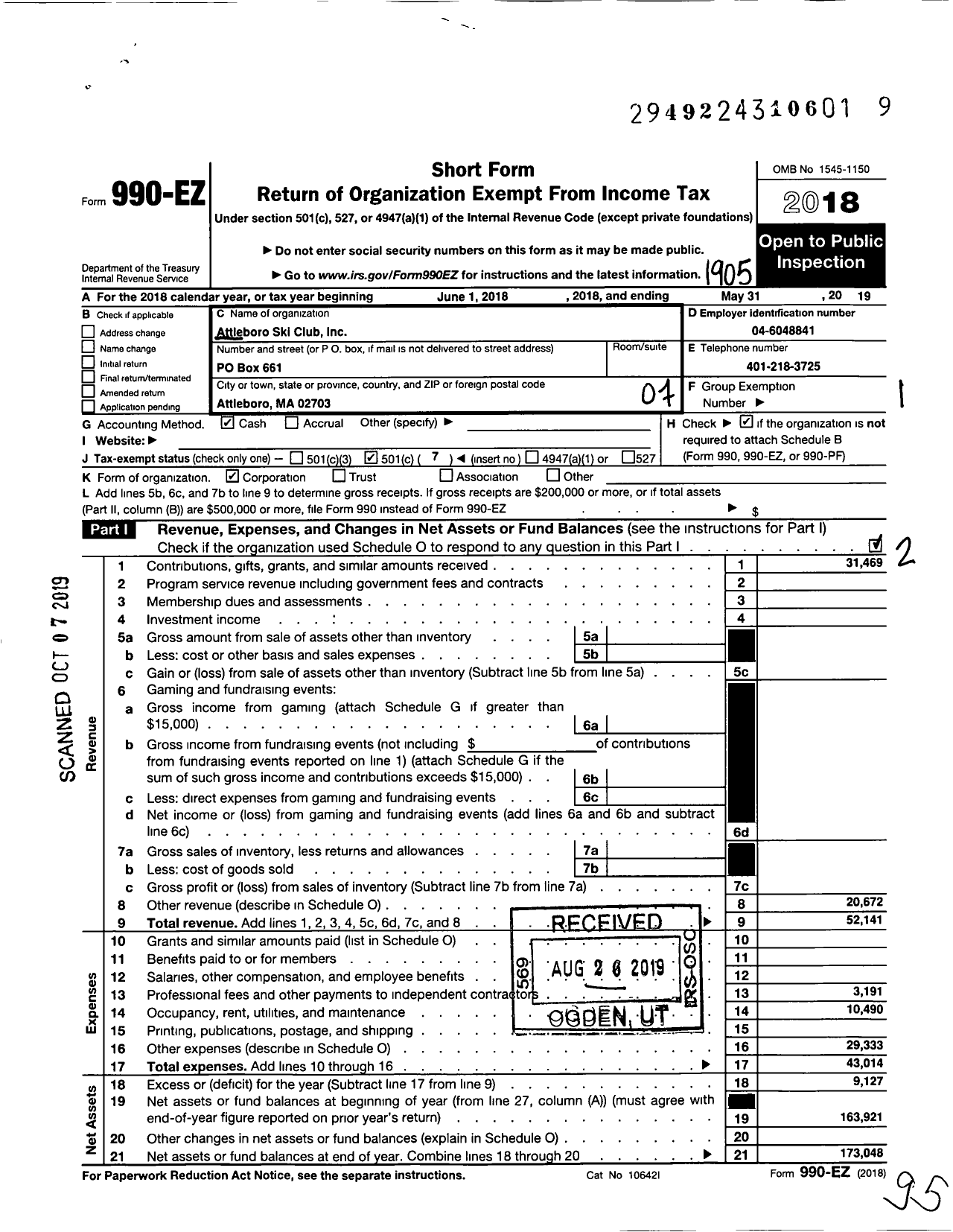 Image of first page of 2018 Form 990EO for Attleboro Ski Club