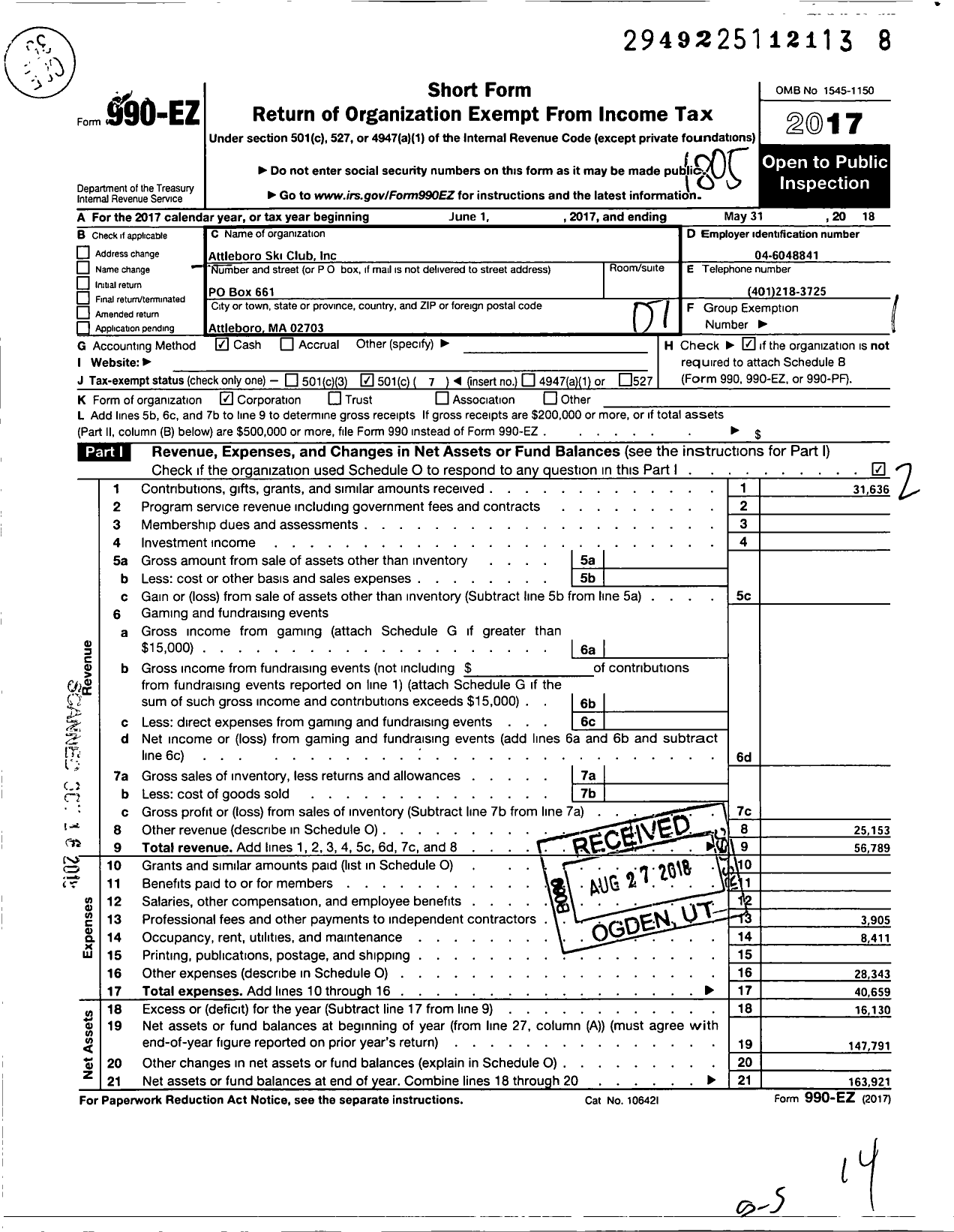 Image of first page of 2017 Form 990EO for Attleboro Ski Club