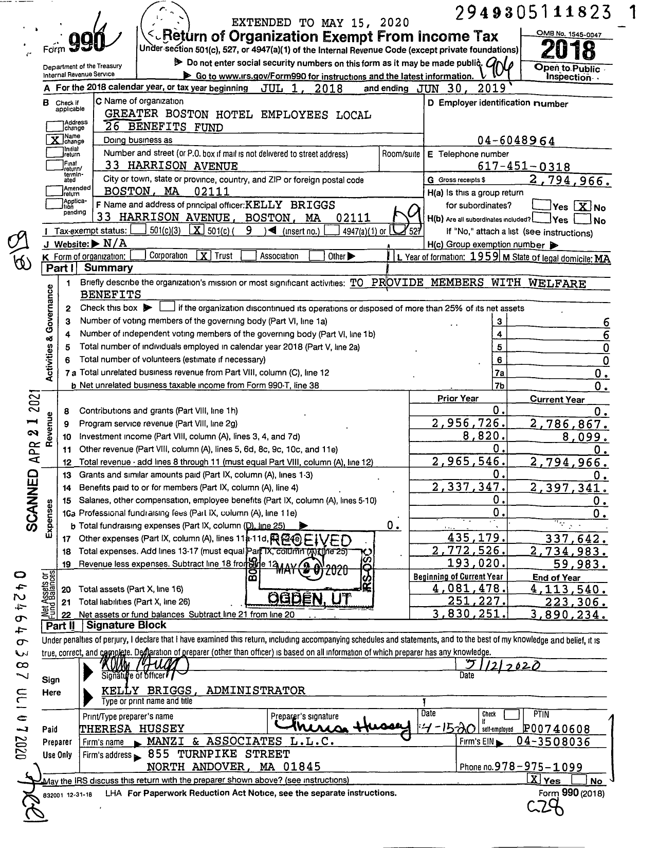 Image of first page of 2018 Form 990O for Greater Boston Hotel Employees Local 26 Benefit Fund