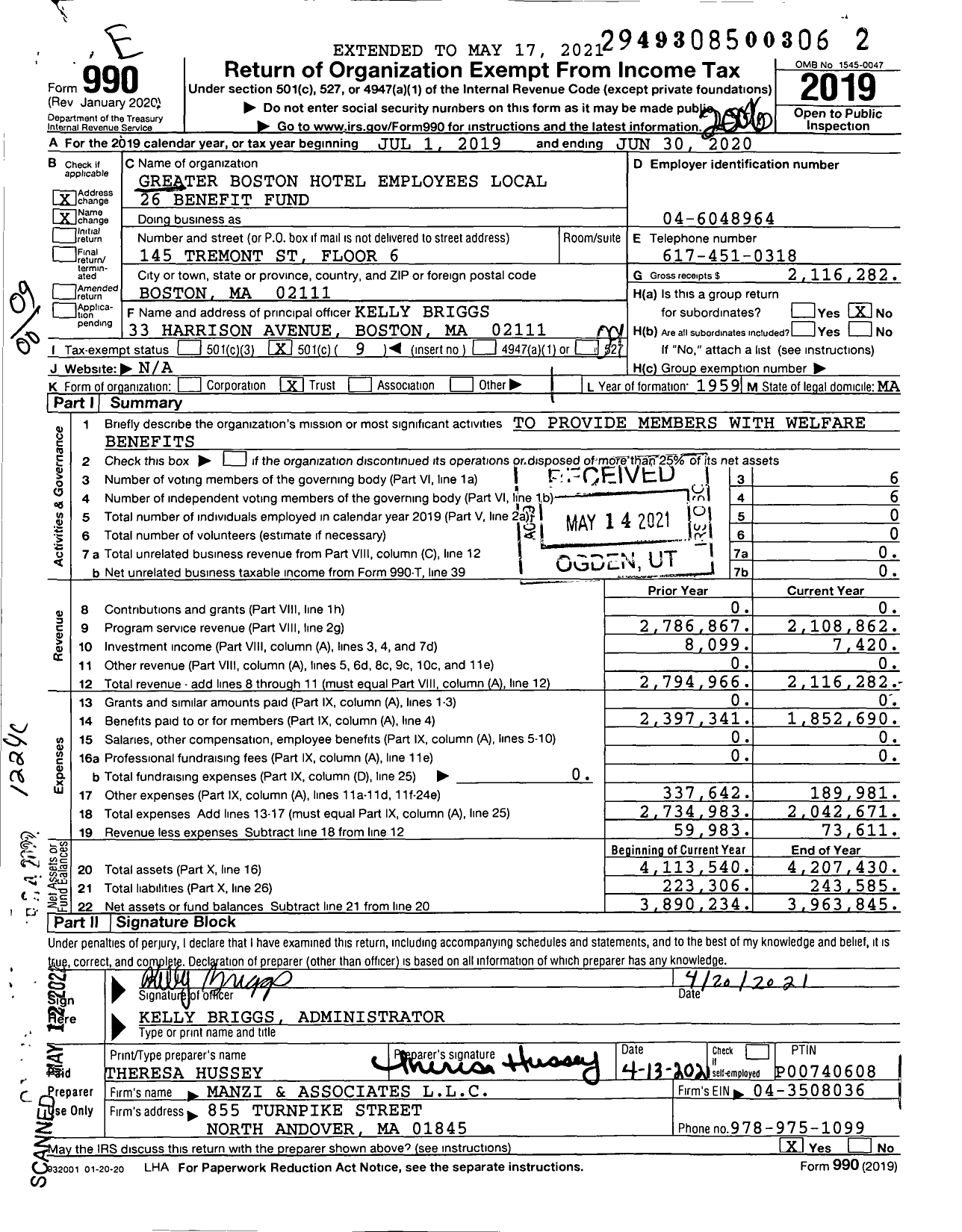 Image of first page of 2019 Form 990O for Greater Boston Hotel Employees Local 26 Benefit Fund