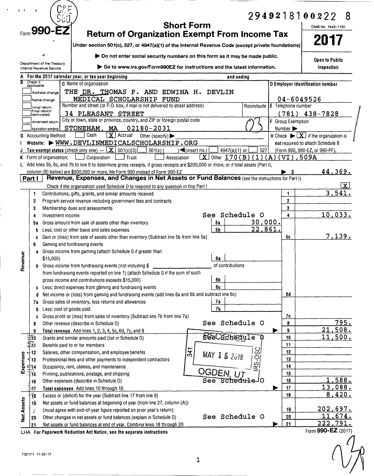 Image of first page of 2017 Form 990EZ for The Dr Thomas P and Edwina H Devlin Medical Scholarship Fund