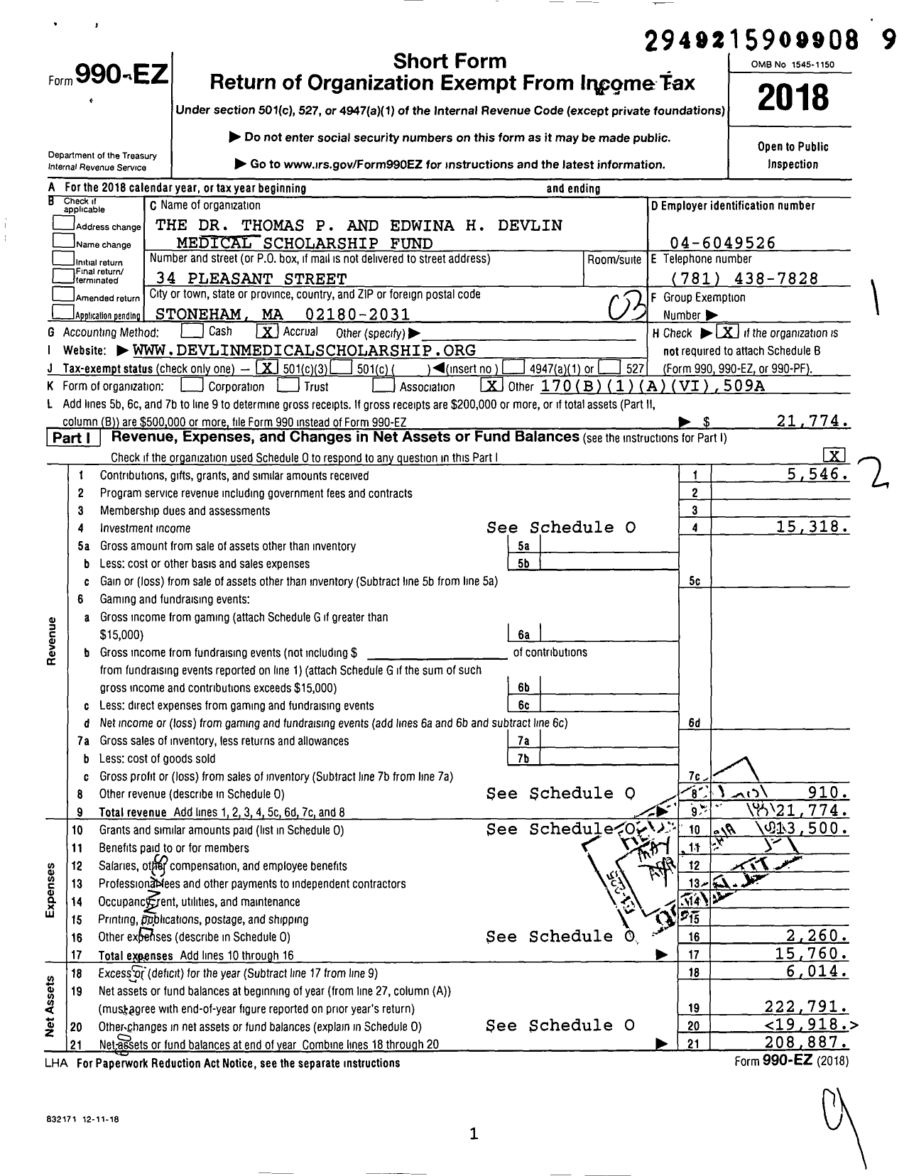 Image of first page of 2018 Form 990EZ for The Dr Thomas P and Edwina H Devlin Medical Scholarship Fund