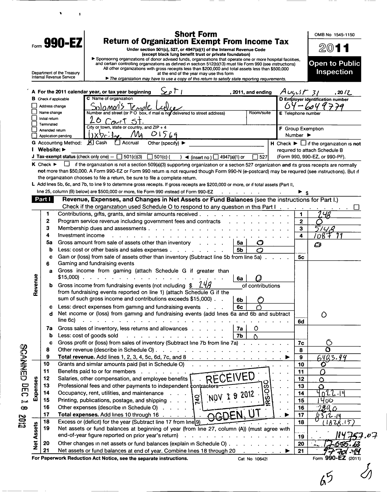 Image of first page of 2011 Form 990EO for Massachusetts Freemasons - Solomons Temple Lodge