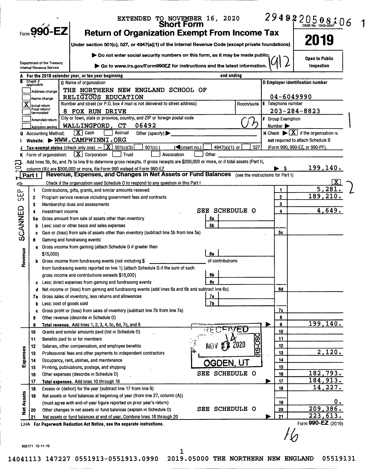 Image of first page of 2019 Form 990EZ for The Northern New England School of Religious Education