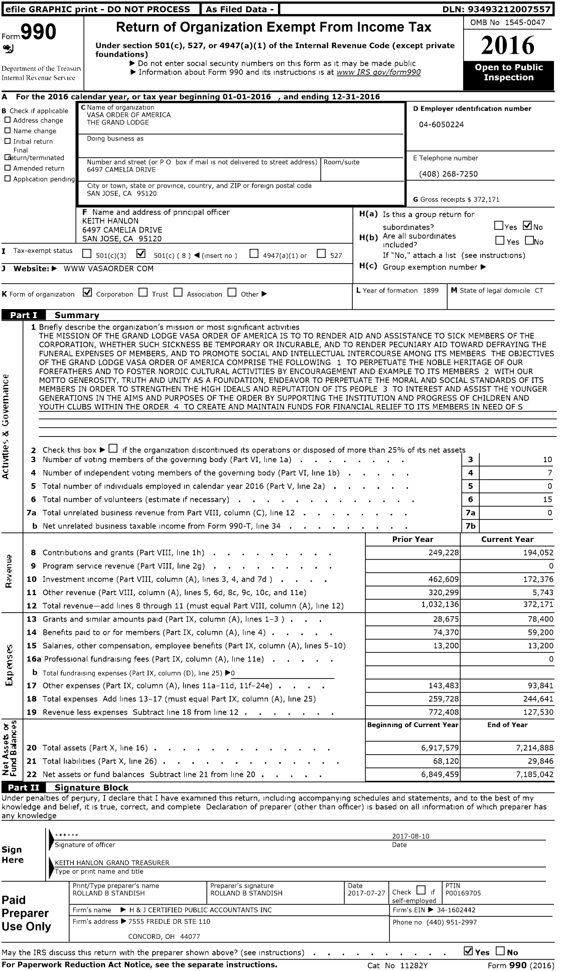 Image of first page of 2016 Form 990O for Vasa Order of America the Grand Lodge