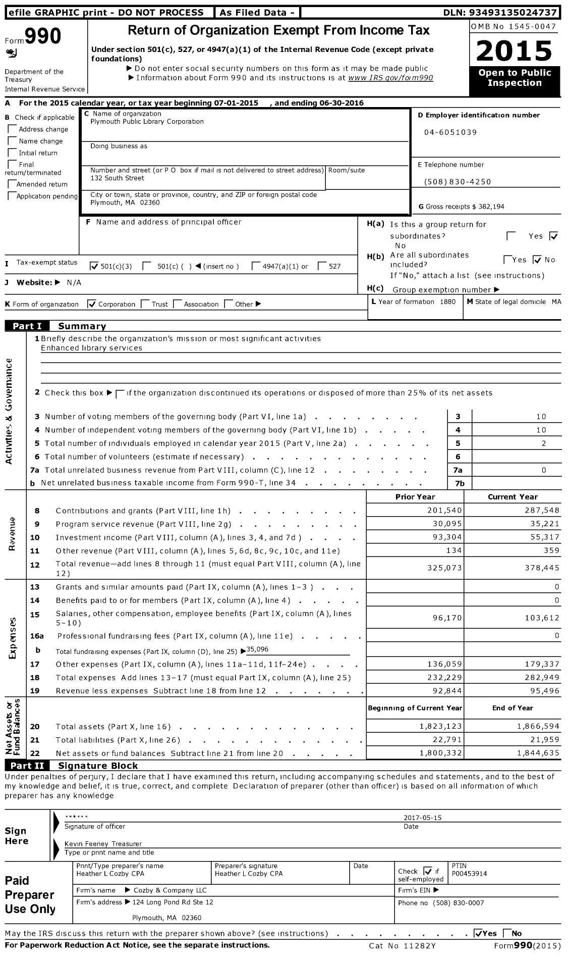 Image of first page of 2015 Form 990 for Plymouth Public Library Corporation