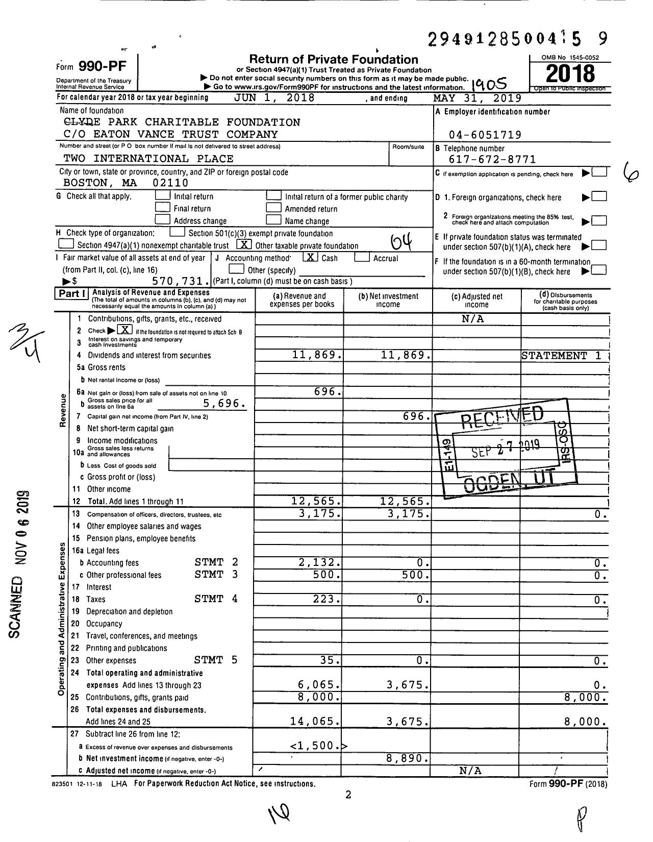 Image of first page of 2018 Form 990PF for CLYDE PARK CHARitable Foundation