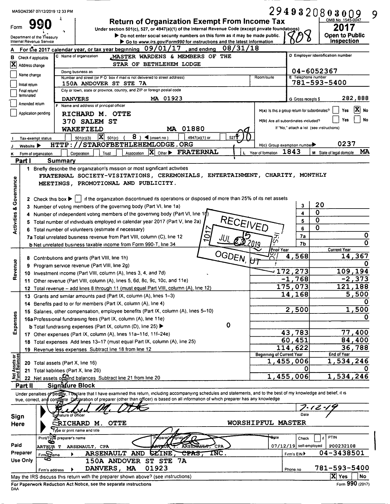 Image of first page of 2017 Form 990O for Massachusetts Freemasons - Star of Bethlehem Lodge