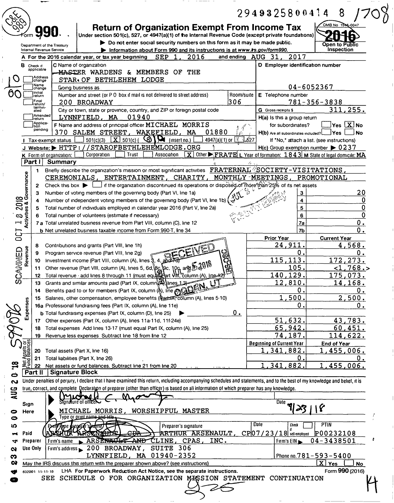 Image of first page of 2016 Form 990O for Massachusetts Freemasons - Star of Bethlehem Lodge