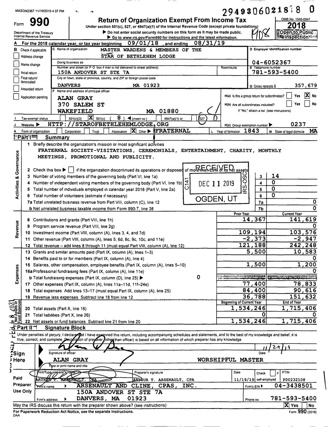 Image of first page of 2018 Form 990O for Massachusetts Freemasons - Star of Bethlehem Lodge