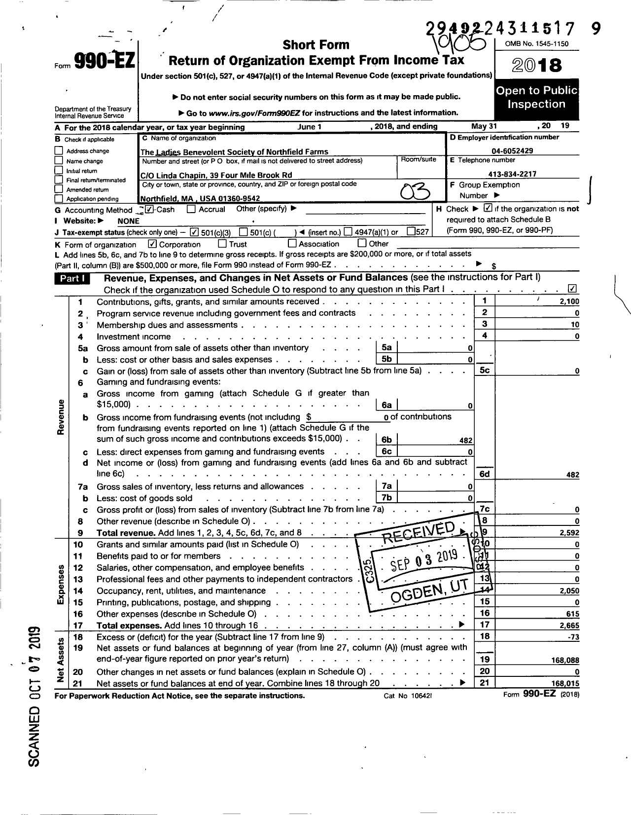 Image of first page of 2018 Form 990EZ for Ladies Benevolent Society of Northfield Farms