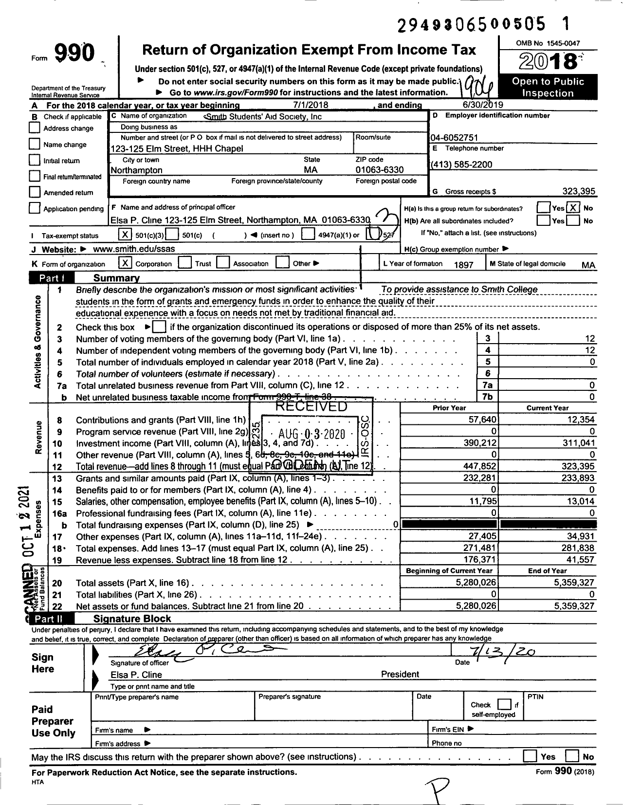 Image of first page of 2018 Form 990 for Smith Students' Aid Society