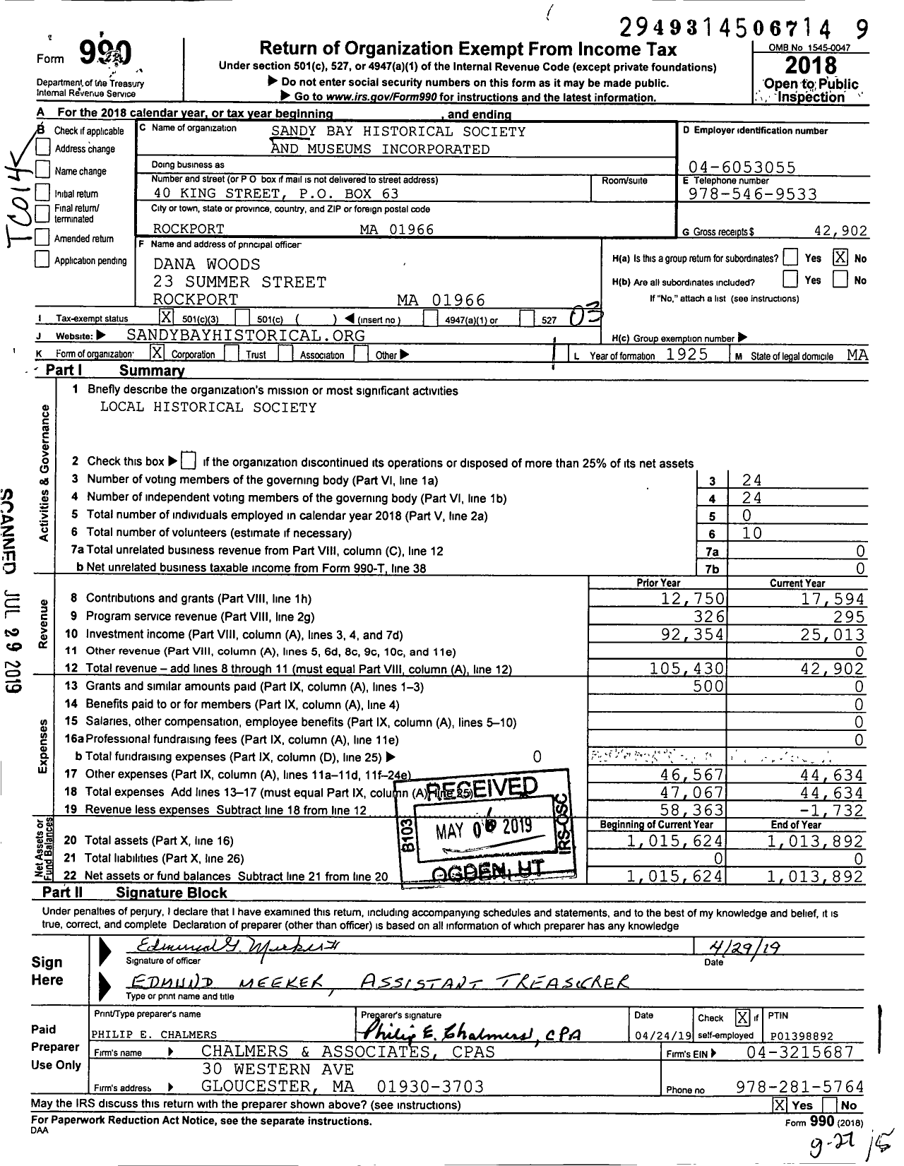 Image of first page of 2018 Form 990 for Sandy Bay Historical Society and Museums Incorporated