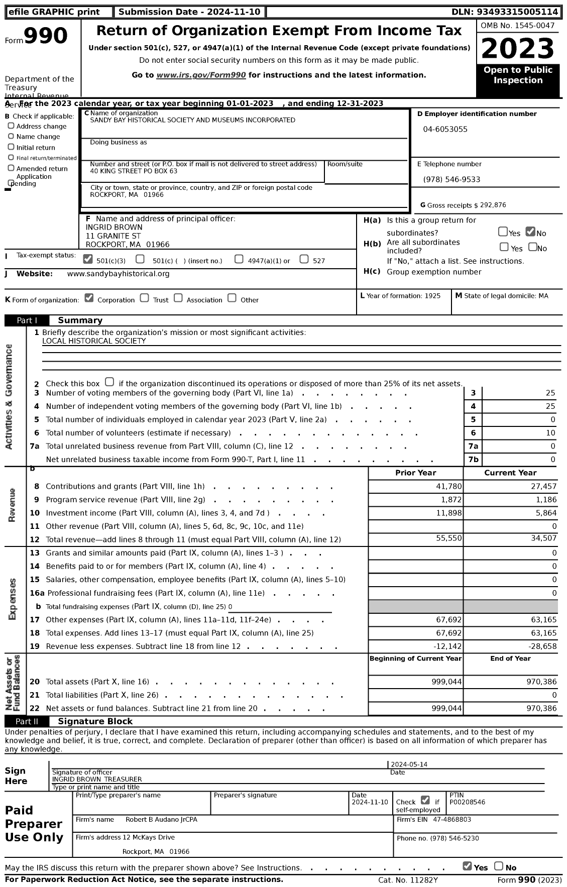 Image of first page of 2023 Form 990 for Sandy Bay Historical Society and Museums Incorporated