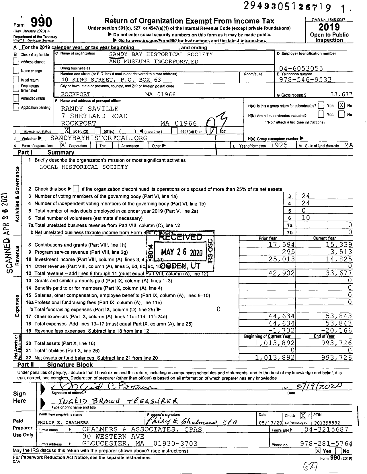 Image of first page of 2019 Form 990 for Sandy Bay Historical Society and Museums Incorporated