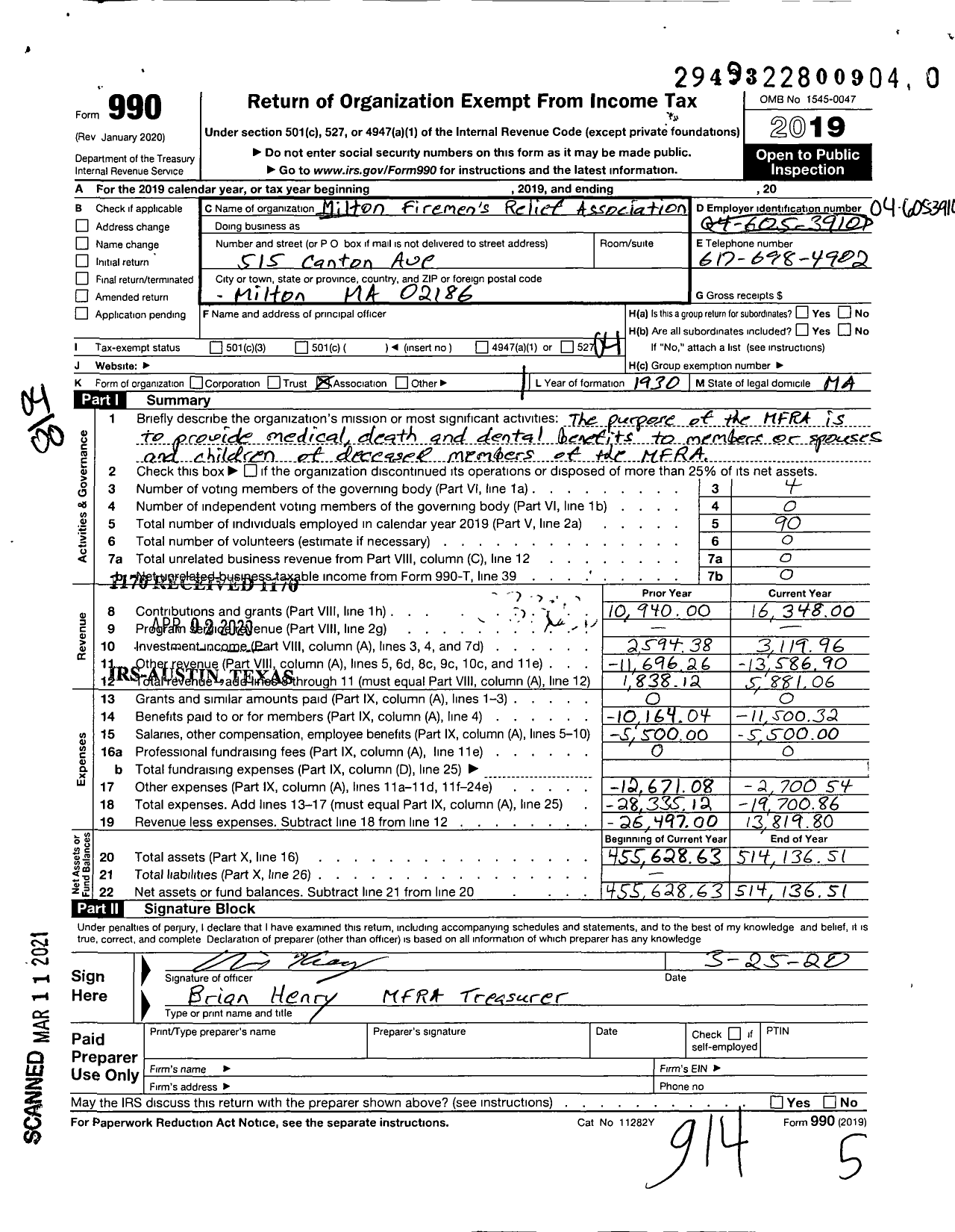 Image of first page of 2019 Form 990O for Milton Firemens Relief Association