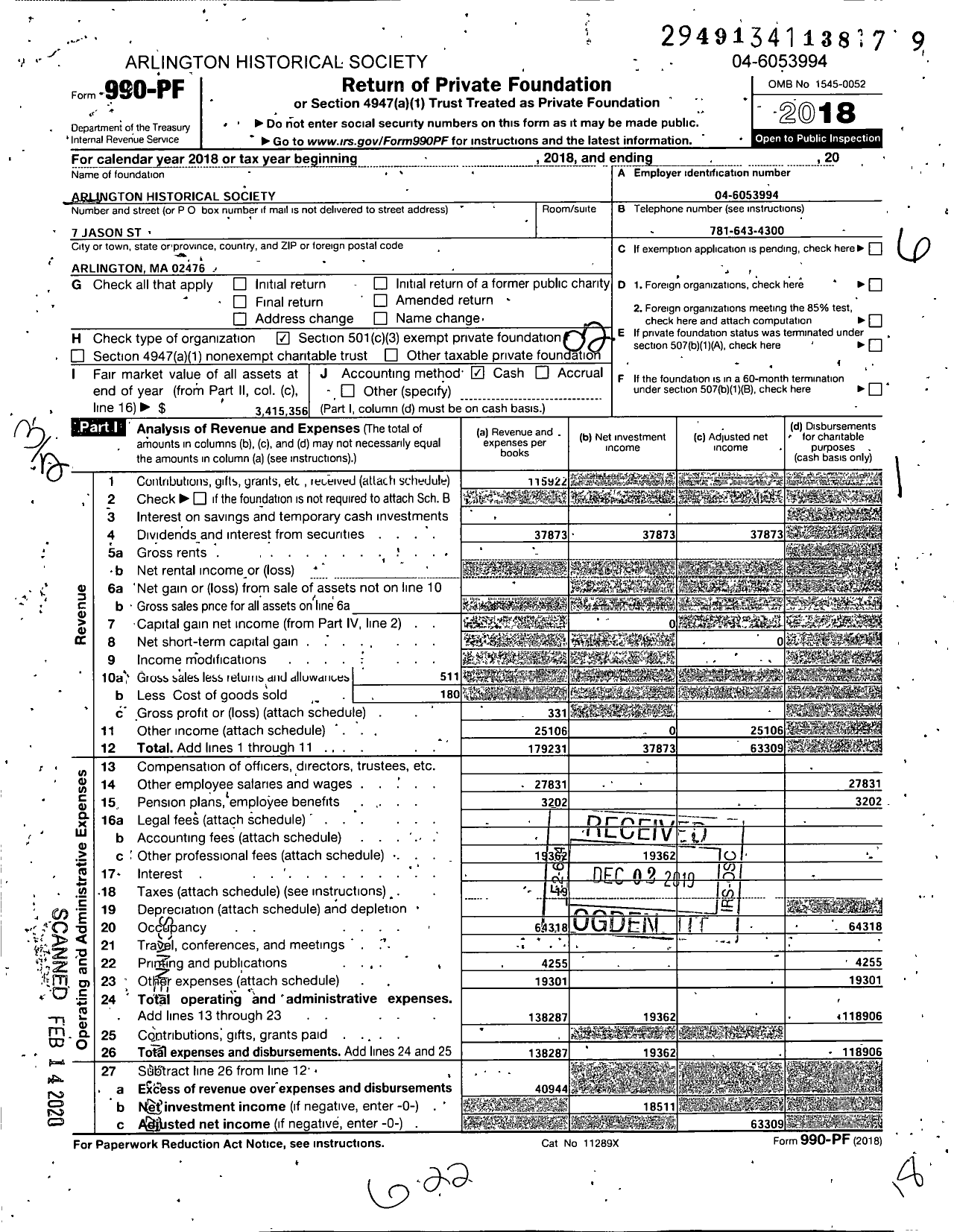 Image of first page of 2018 Form 990PF for Arlington Historical Society