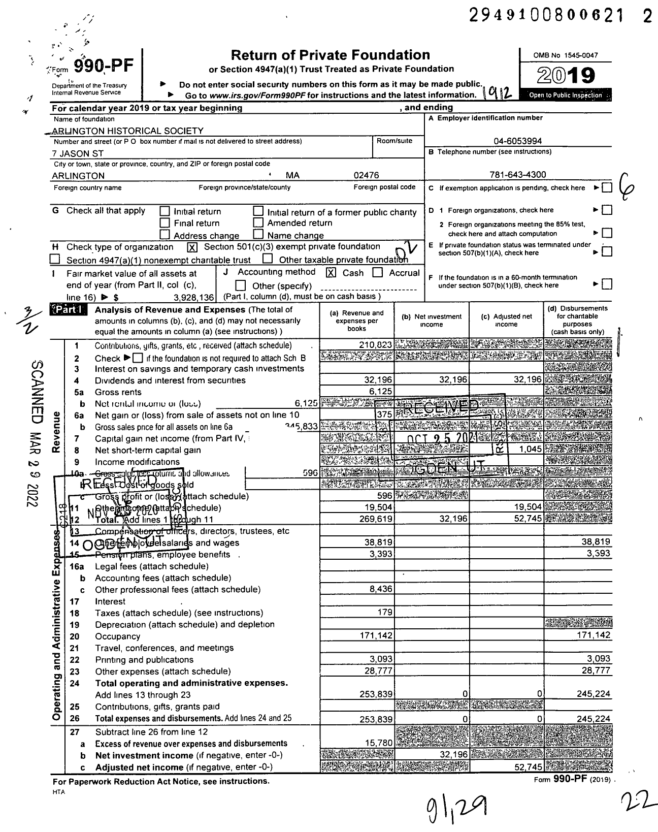 Image of first page of 2019 Form 990PF for Arlington Historical Society