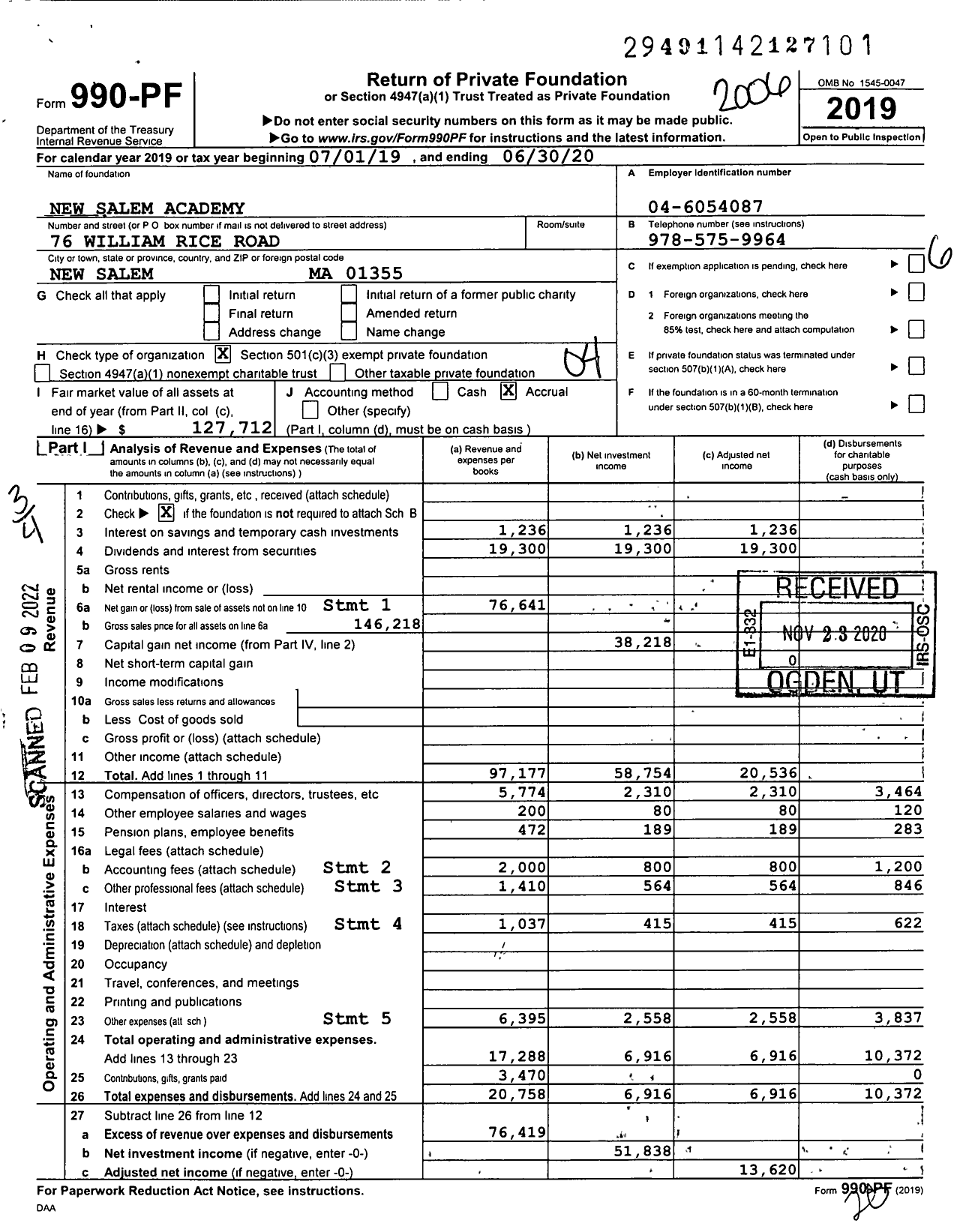 Image of first page of 2019 Form 990PF for New Salem Academy