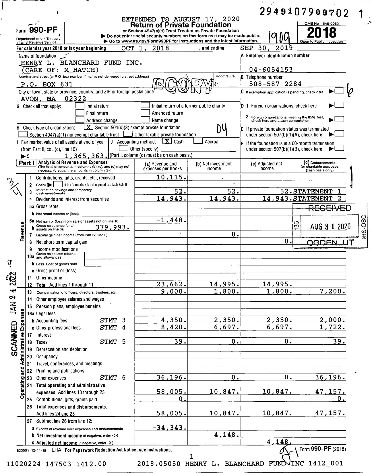 Image of first page of 2018 Form 990PF for Henry L Blanchard Fund